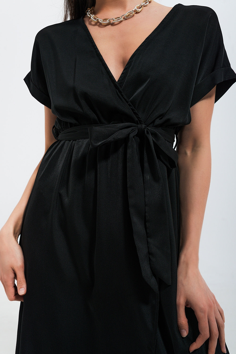 Short sleeve satin maxi dress in black - dress