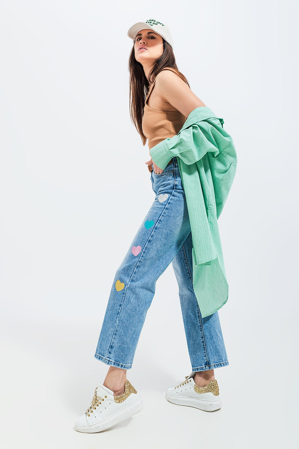High waisted straight leg jean with heart print in mid wash