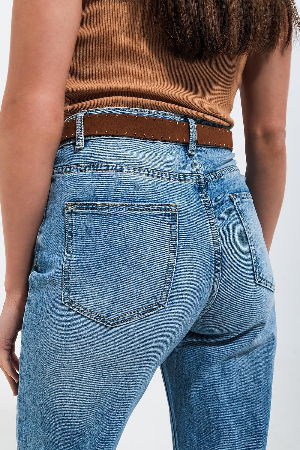 High waisted straight leg jean with heart print in mid wash