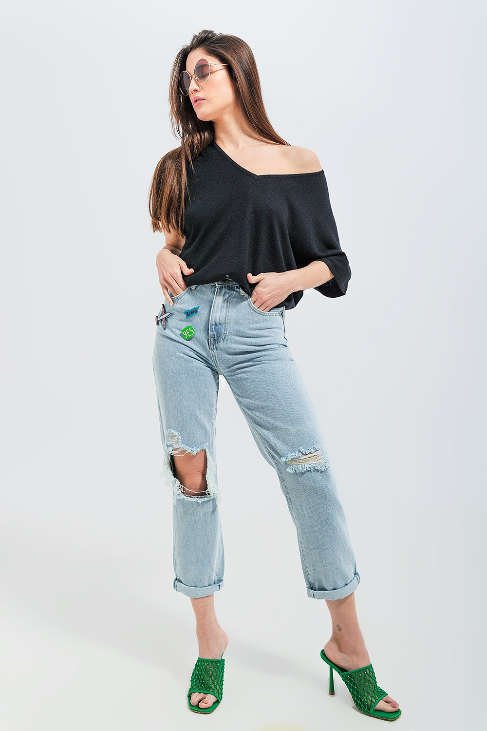 Patch rip jeans in light wash - Denim