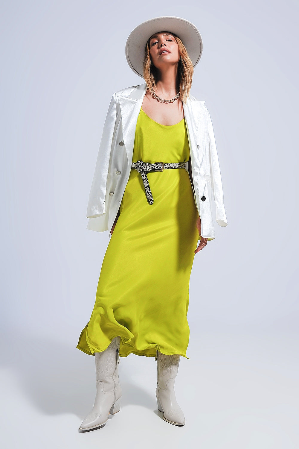 Satin cami strap midi slip dress in green - dress