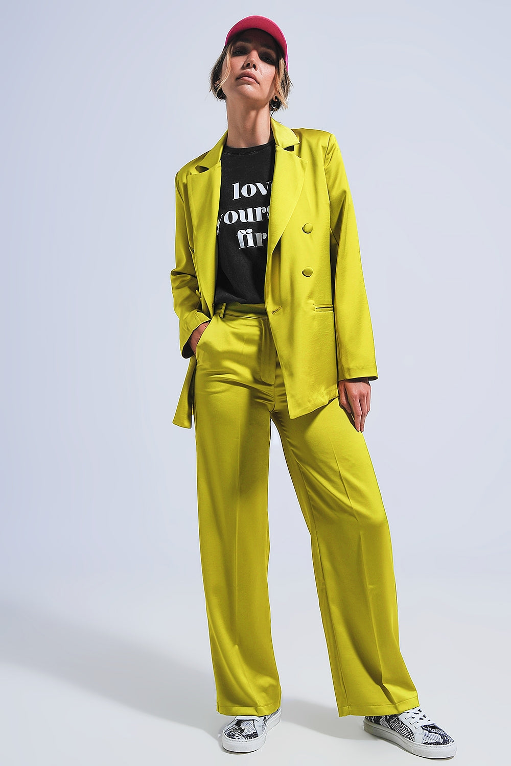 Double breasted satin blazer in lime green