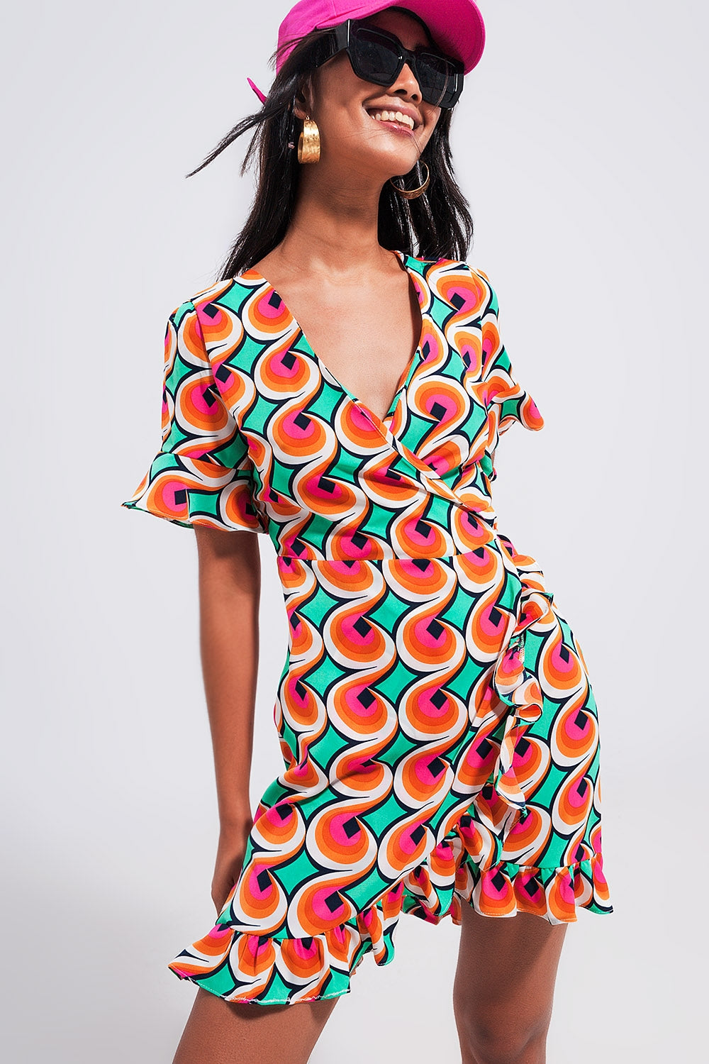Wrap ruffle hem mini dress in 70s orange print - dress