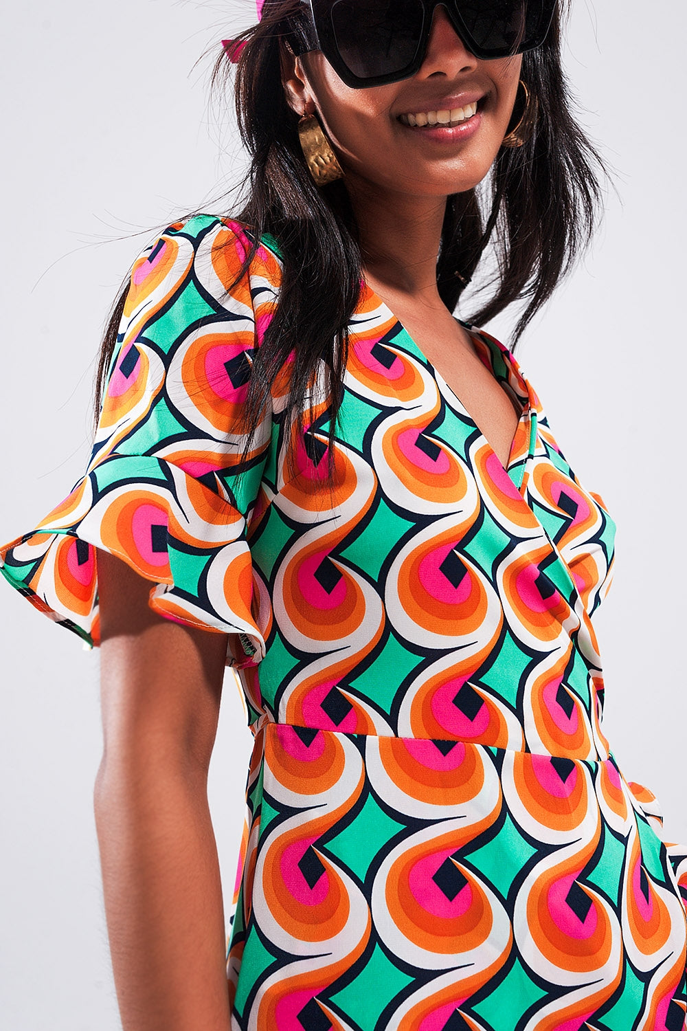 Wrap ruffle hem mini dress in 70s orange print - dress