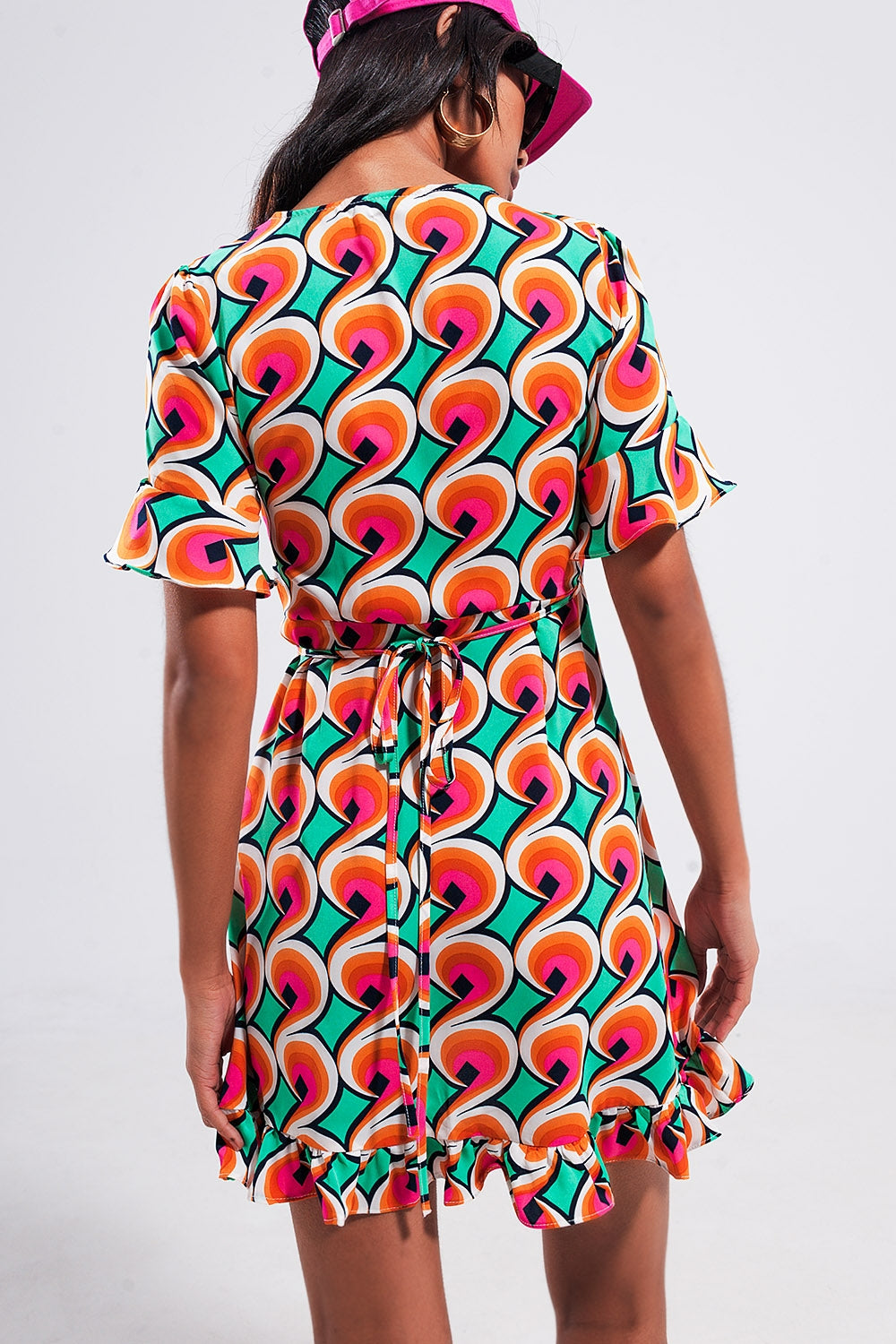 Wrap ruffle hem mini dress in 70s orange print - dress