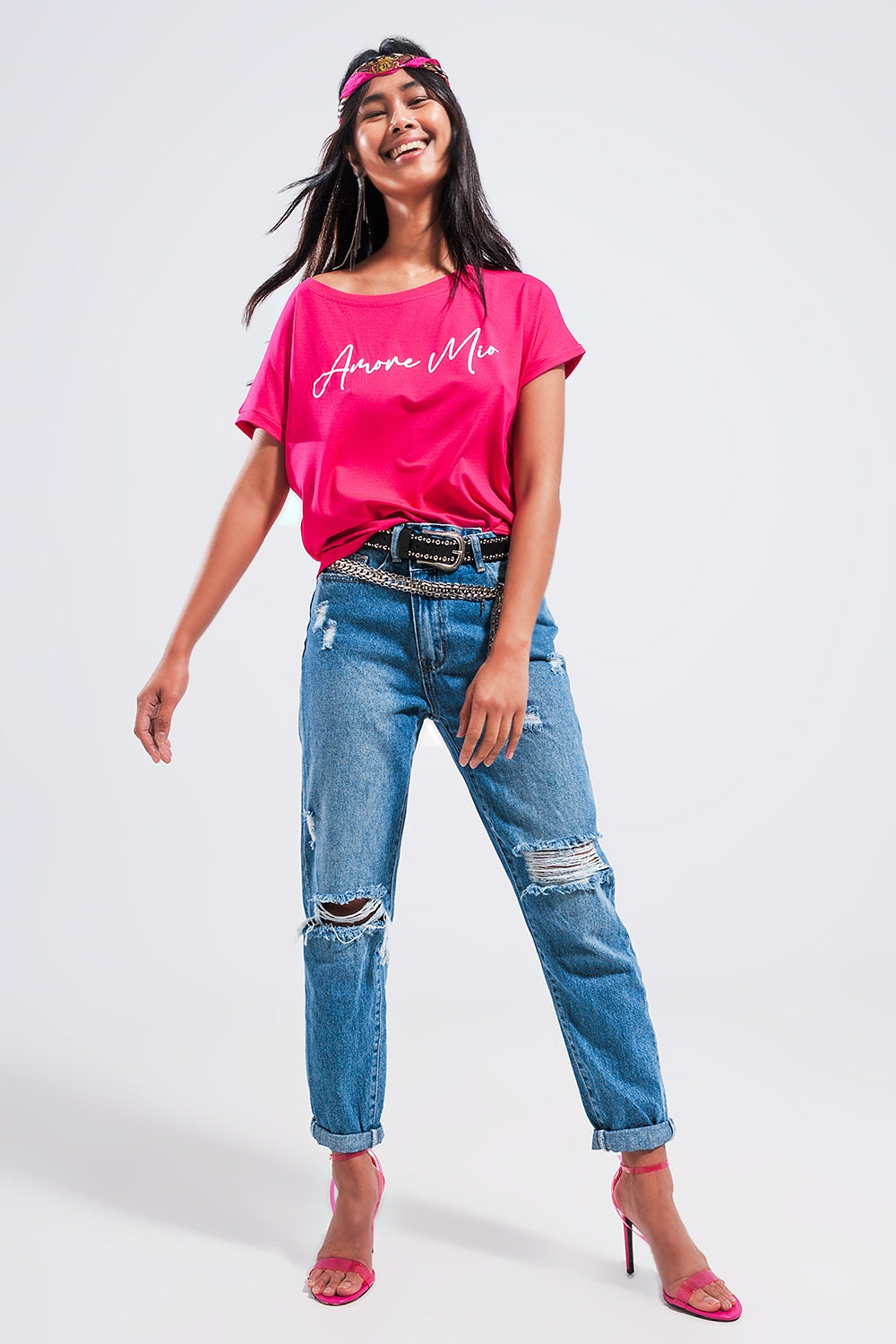 Amore mio slogan tee in fuchsia - top