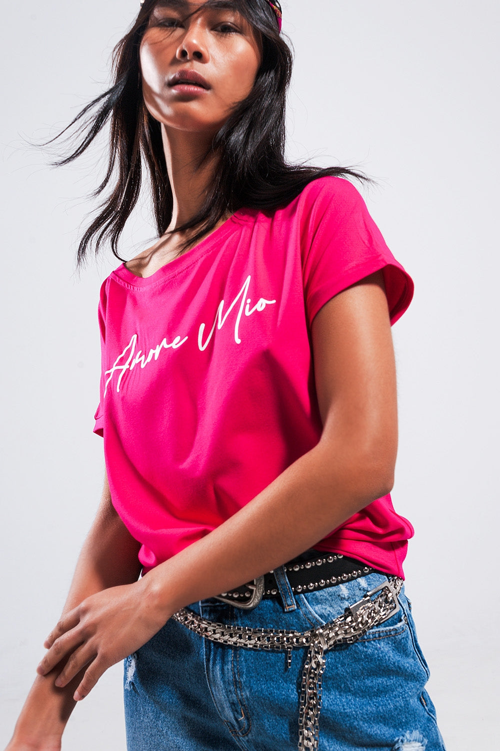 Amore mio slogan tee in fuchsia - top