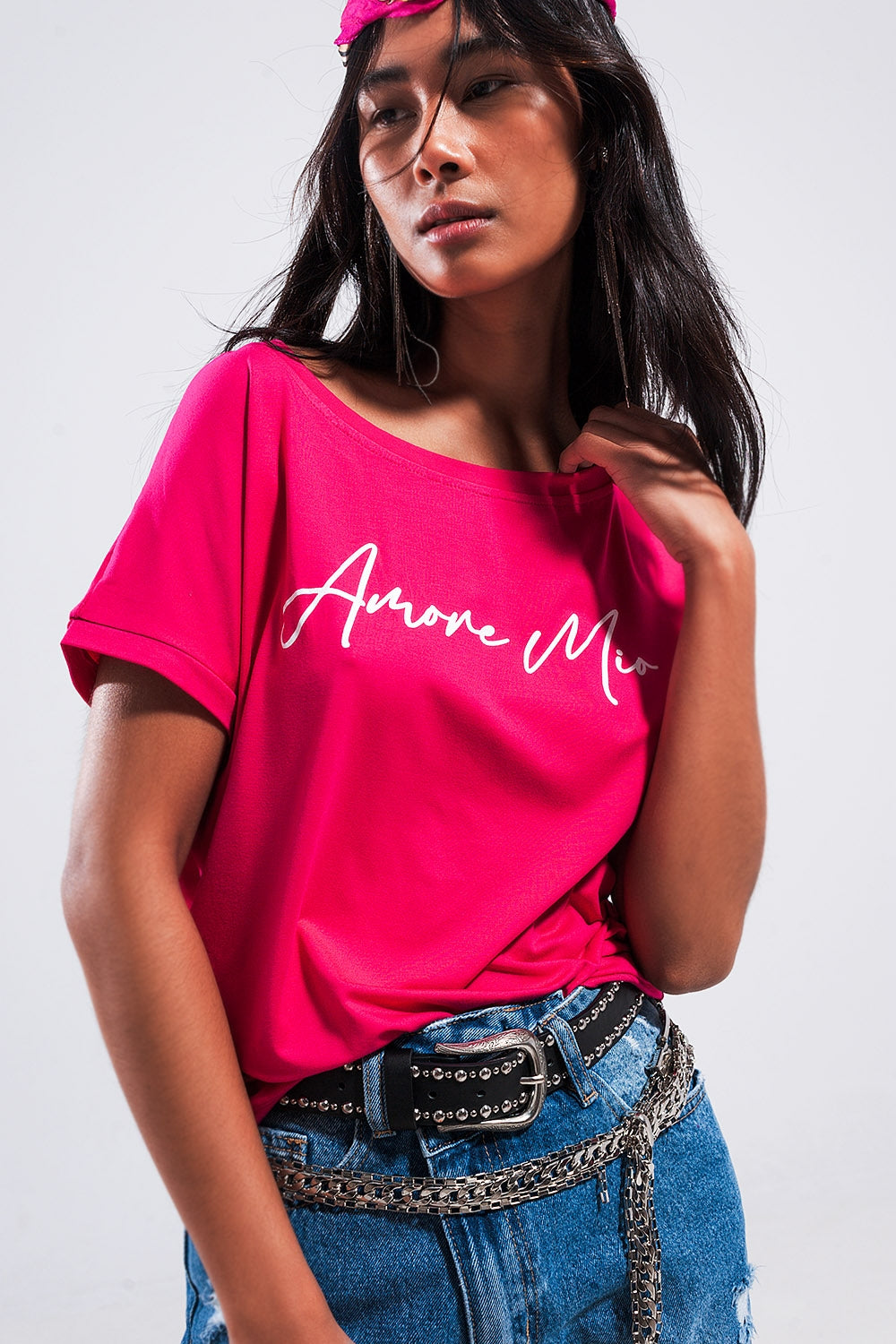 Amore mio slogan tee in fuchsia - top