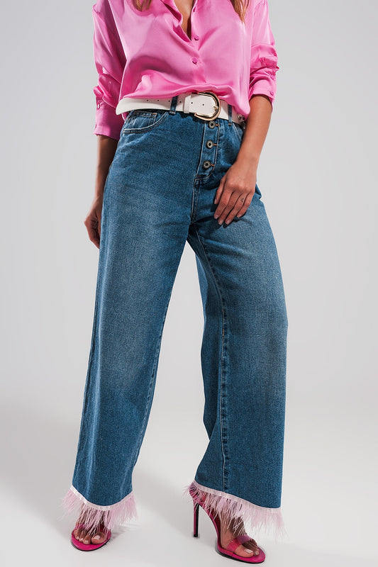 Straight leg jeans with PINK faux feather hem - Denim