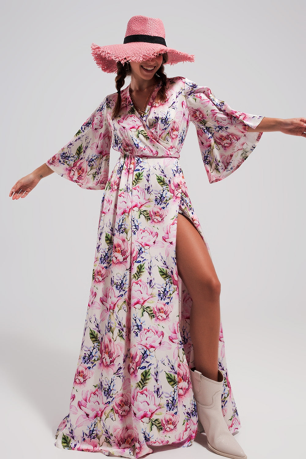Flutter sleeve maxi dress in pink floral print - dress