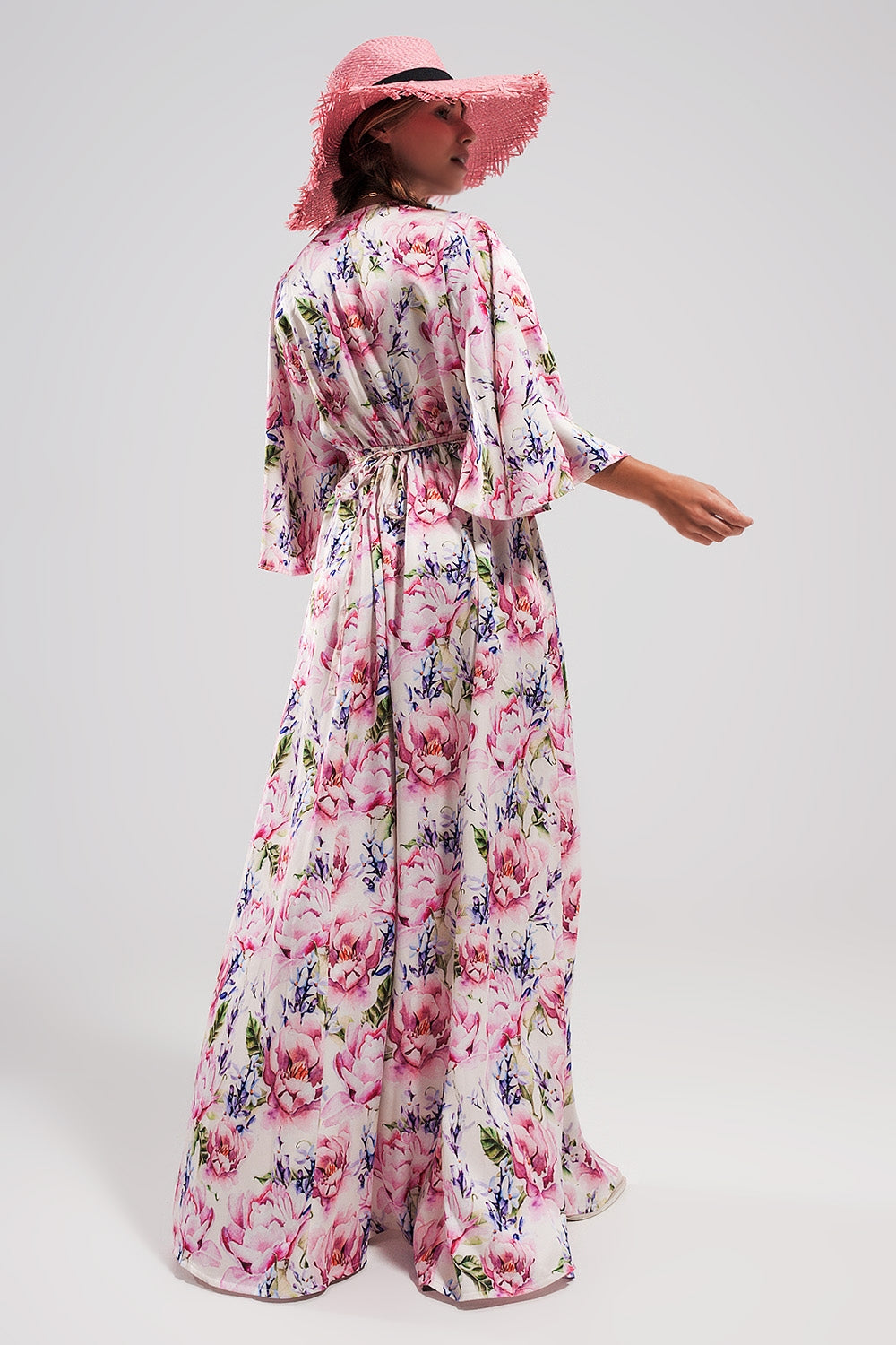 Flutter sleeve maxi dress in pink floral print - dress