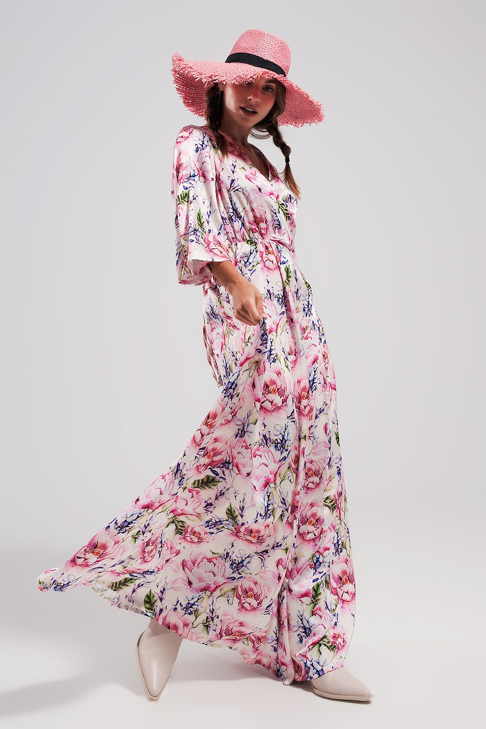Flutter sleeve maxi dress in pink floral print - dress