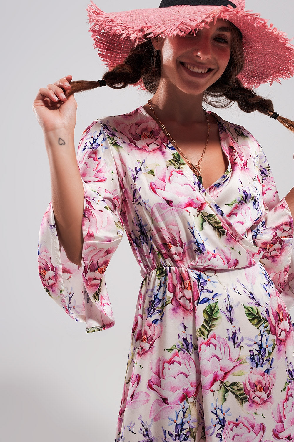 Flutter sleeve maxi dress in pink floral print - dress