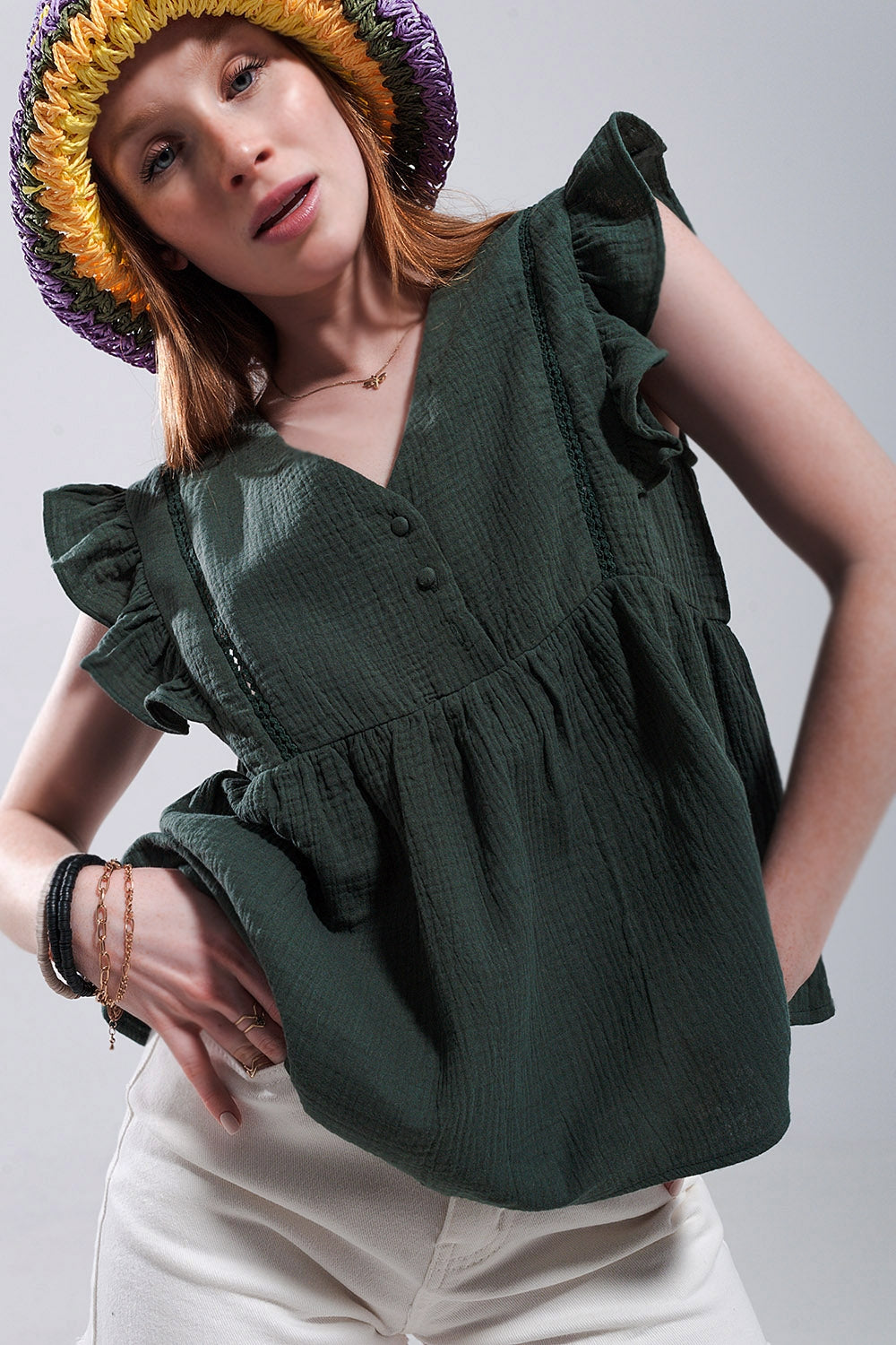 Cotton tank top with ruffle sleeves in khaki - Shirts