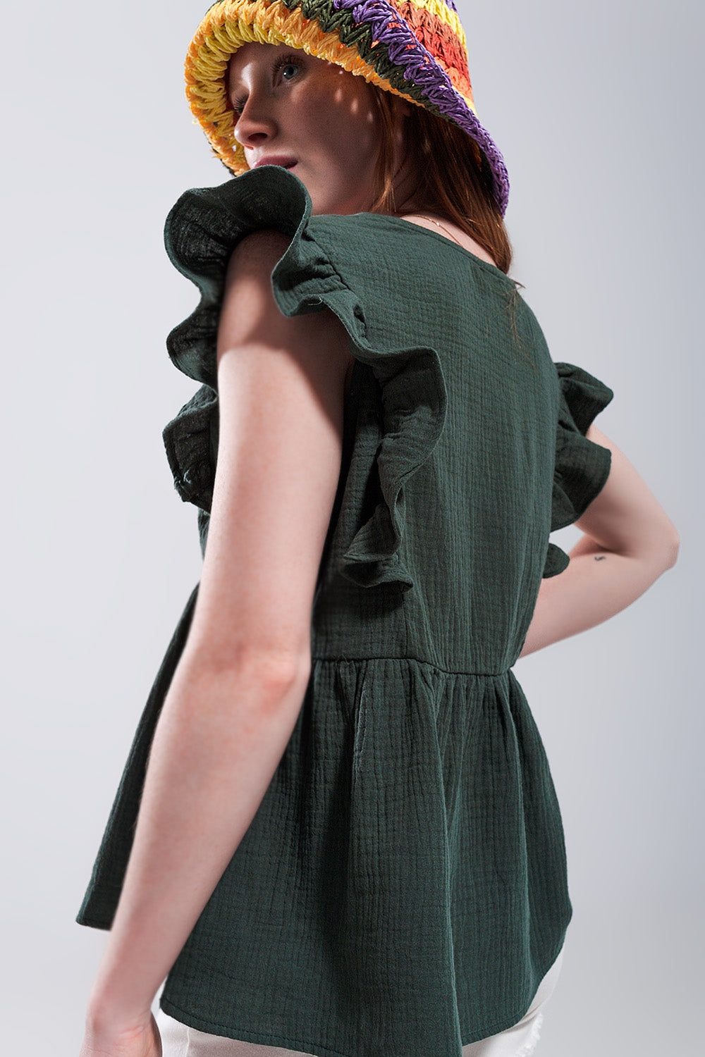 Cotton tank top with ruffle sleeves in khaki - Shirts