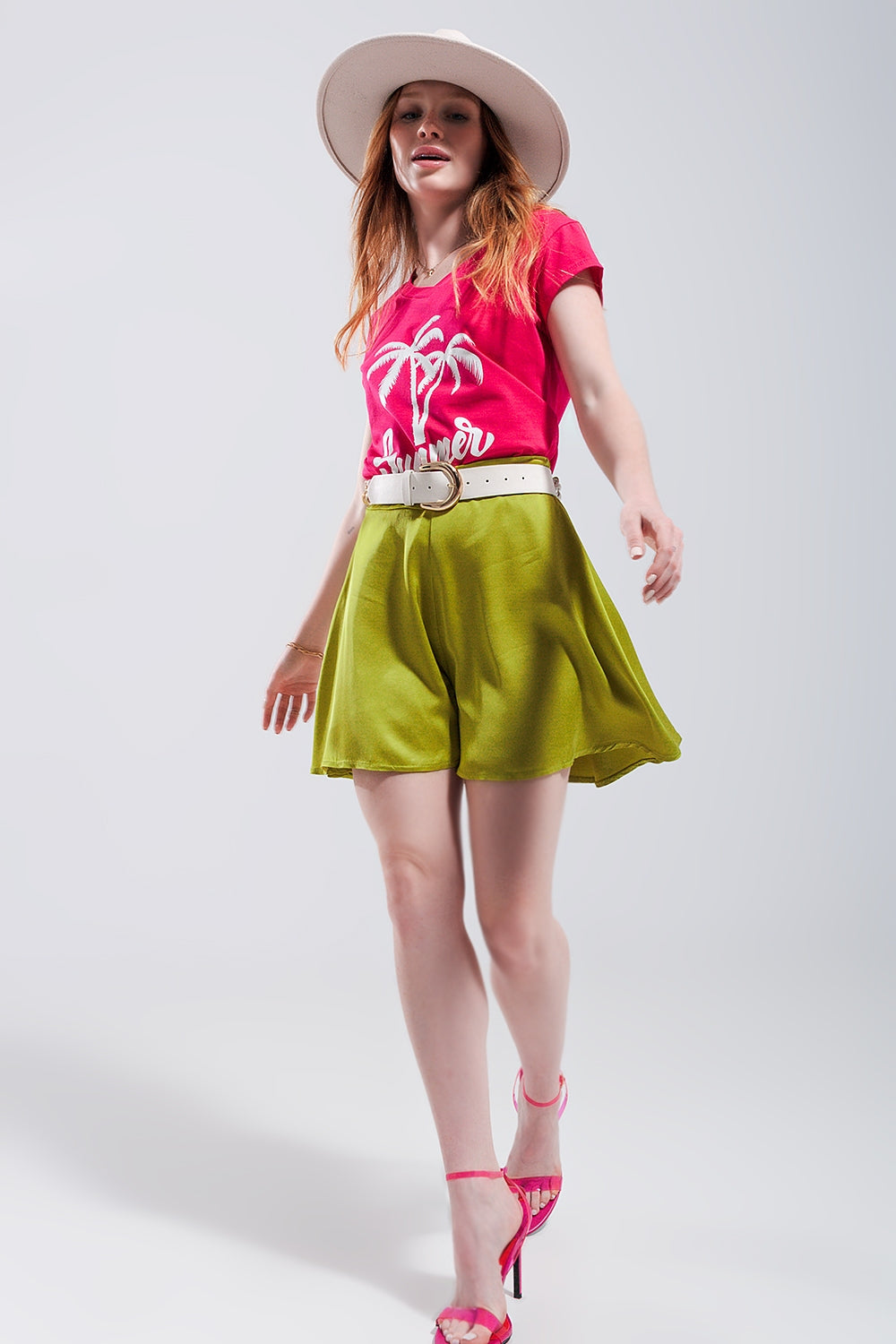 High rise satin shorts in lime green - trousers