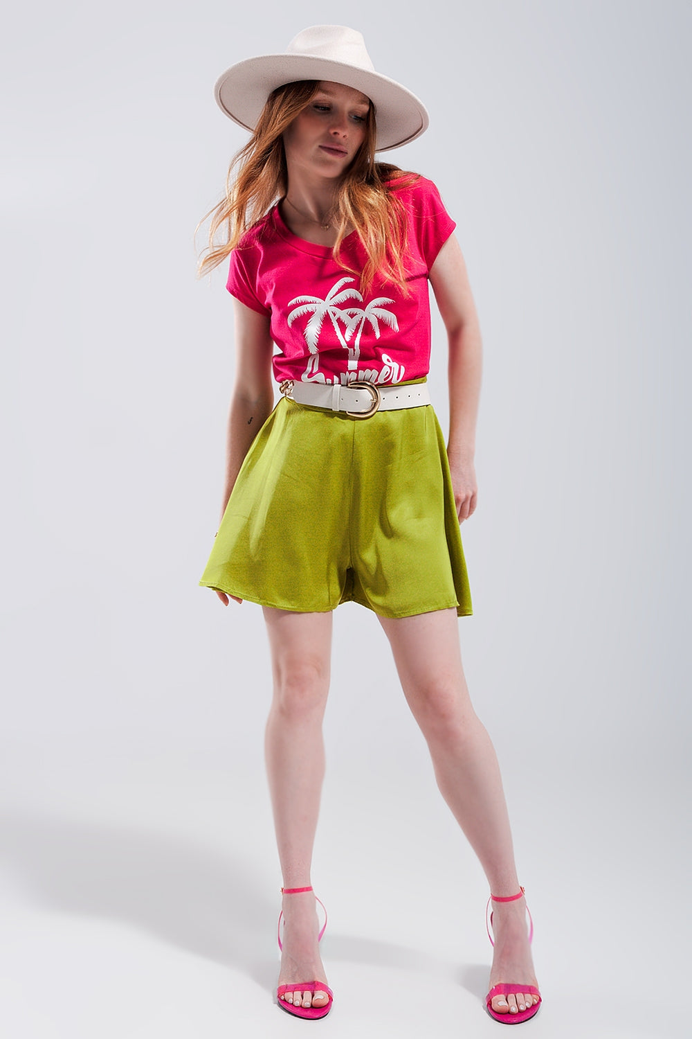 High rise satin shorts in lime green - trousers