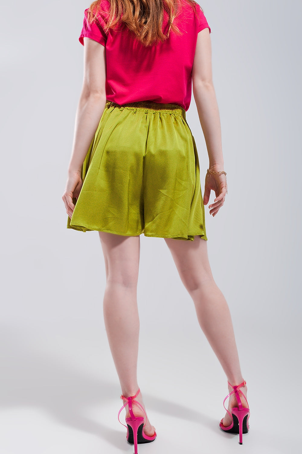 High rise satin shorts in lime green - trousers