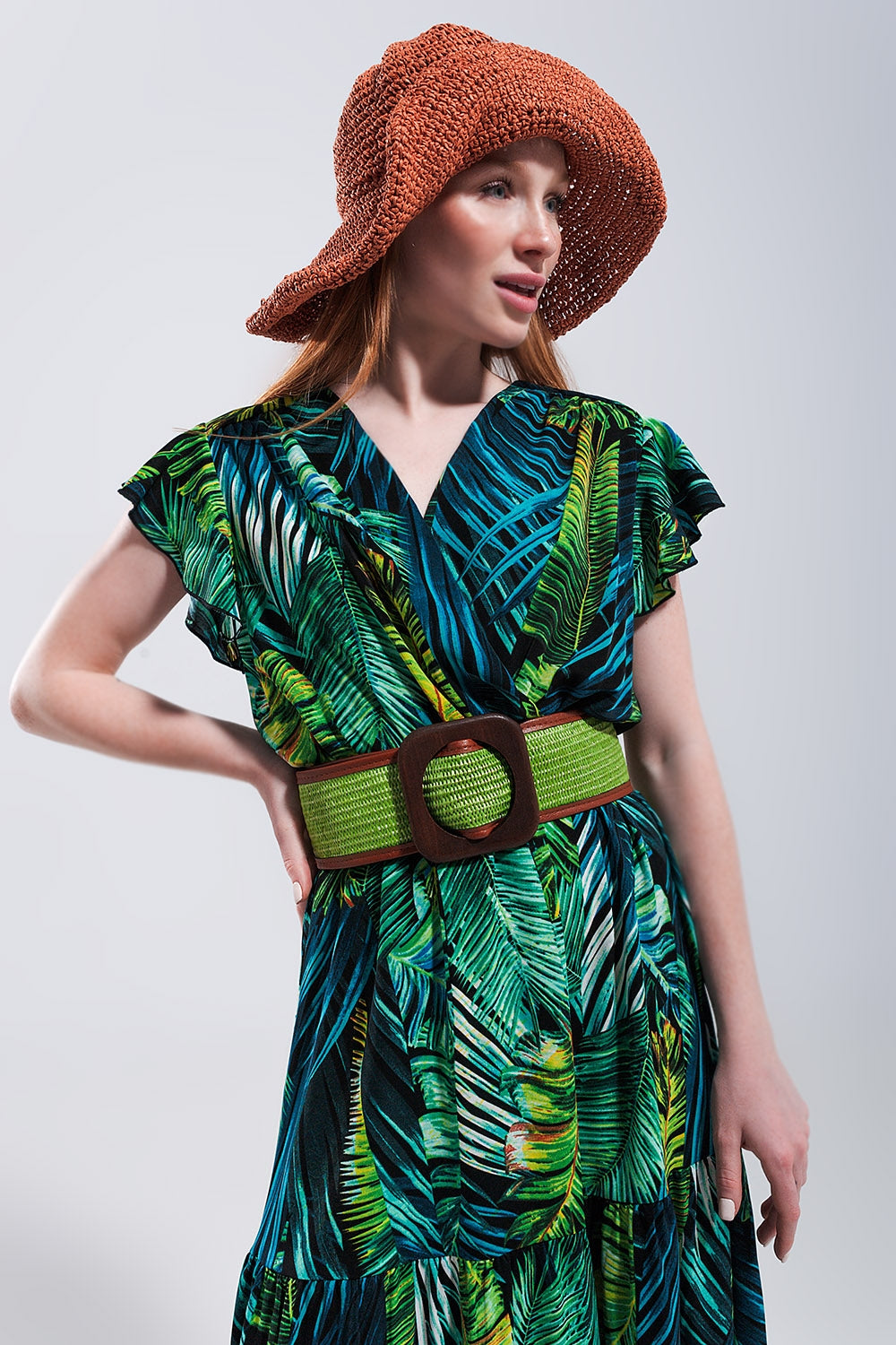 Short sleeve tiered midi dress in tropical print - dress