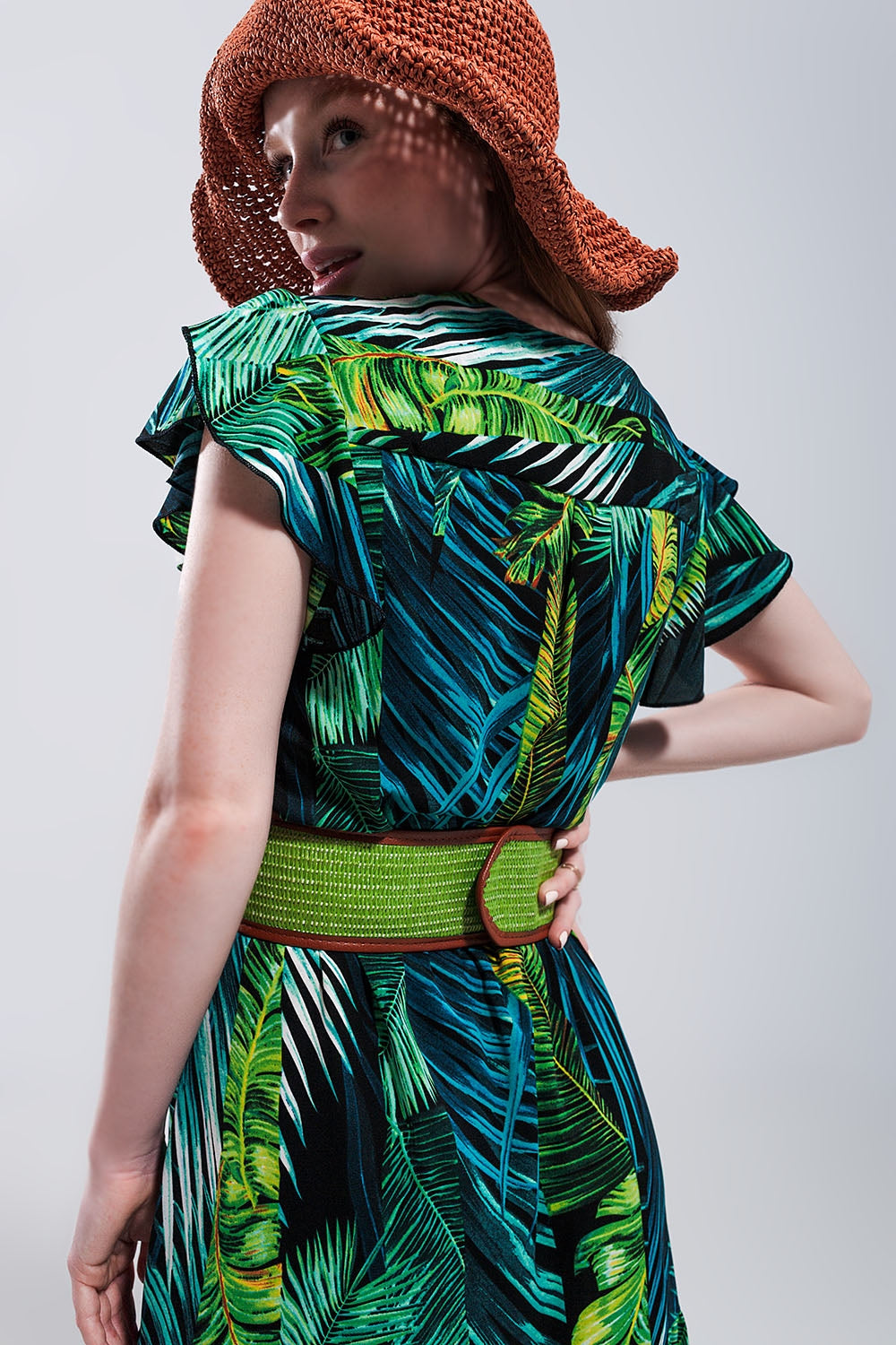Short sleeve tiered midi dress in tropical print - dress