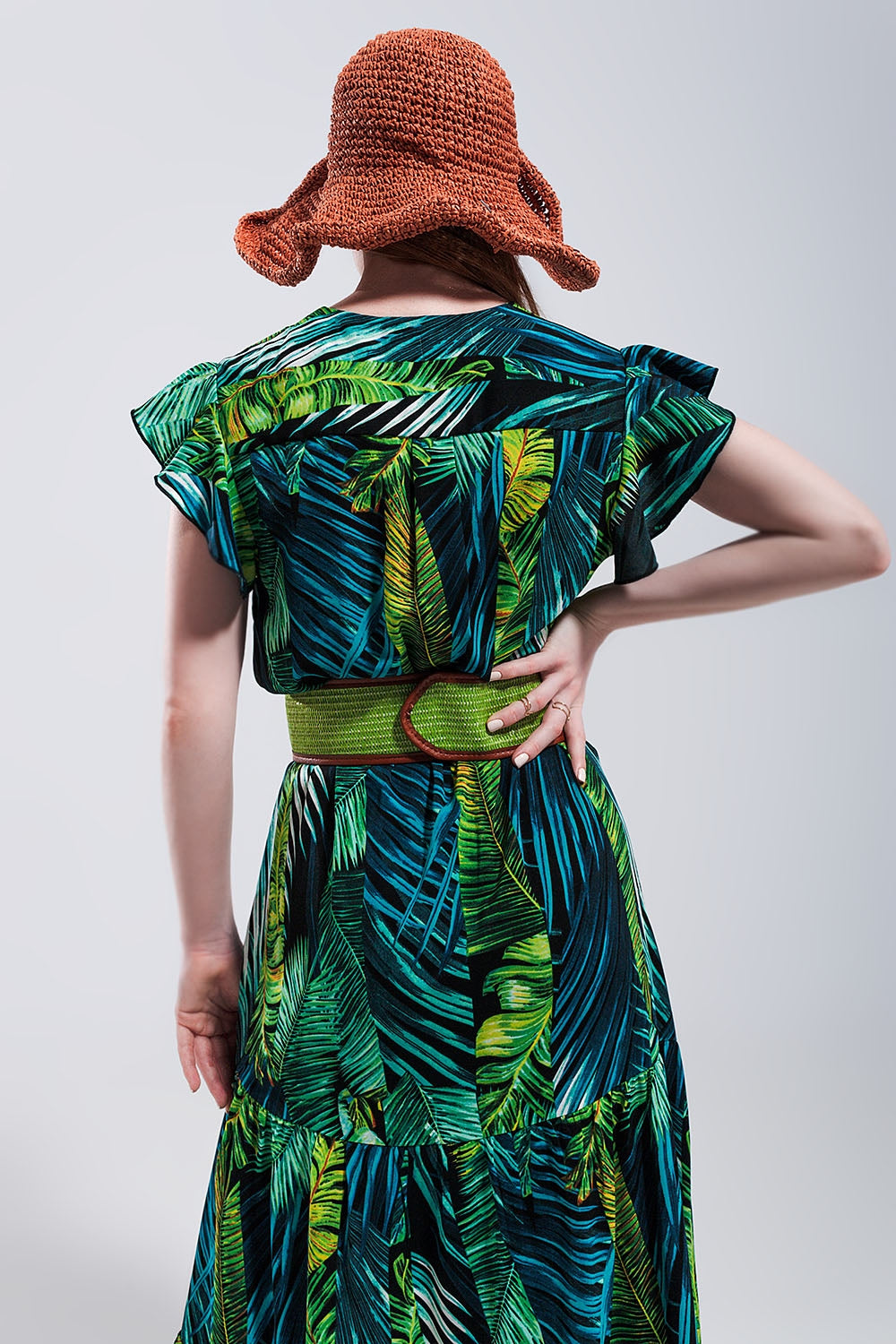 Short sleeve tiered midi dress in tropical print - dress