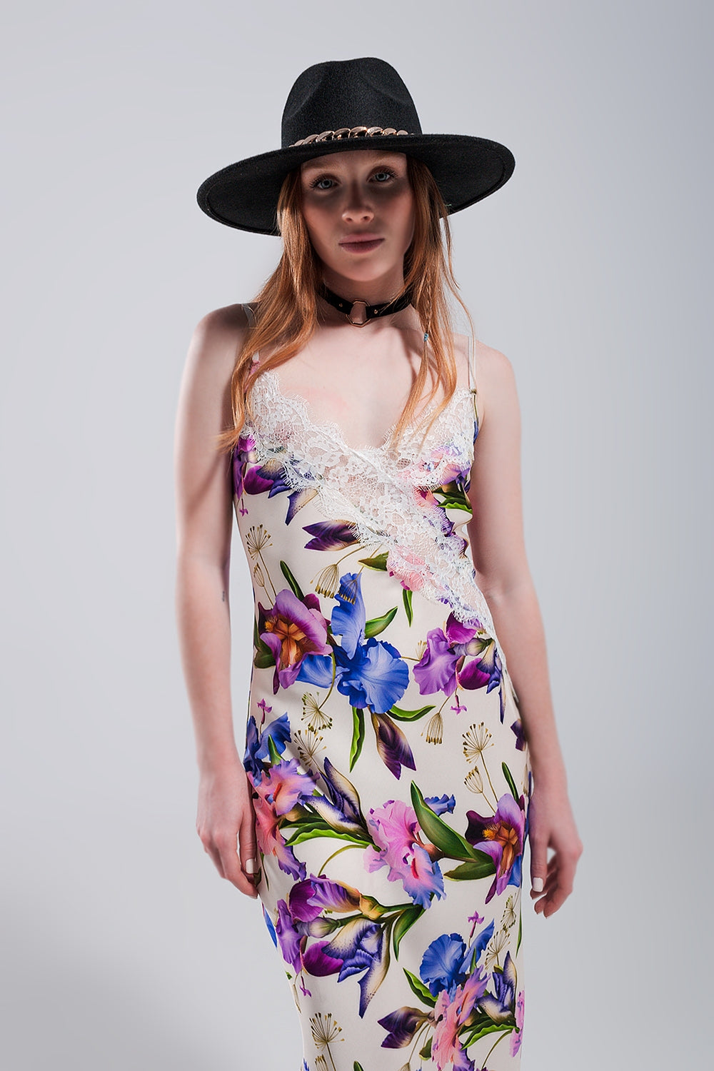 V back Satin midi dress in beige clashing floral print - dress