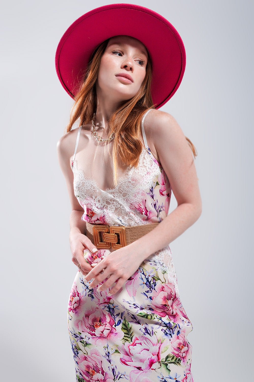 V back Satin midi dress in pink rose print - dress