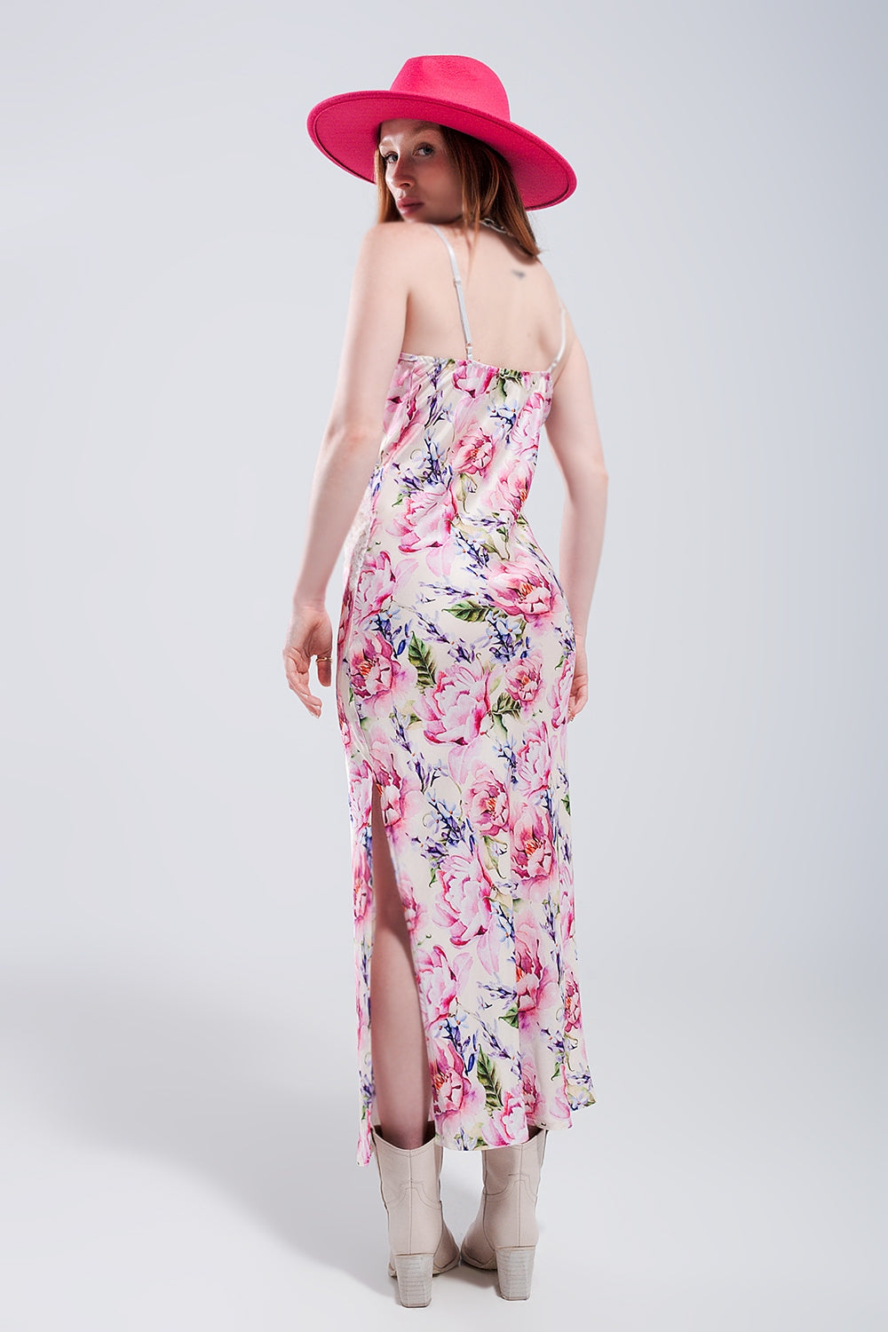 V back Satin midi dress in pink rose print - dress