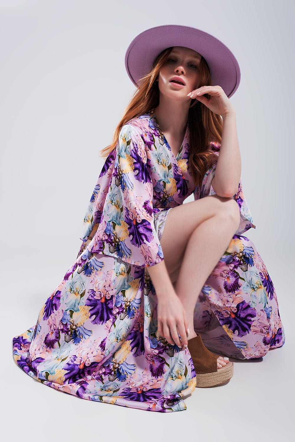Flutter sleeve maxi dress in purple floral print - dress