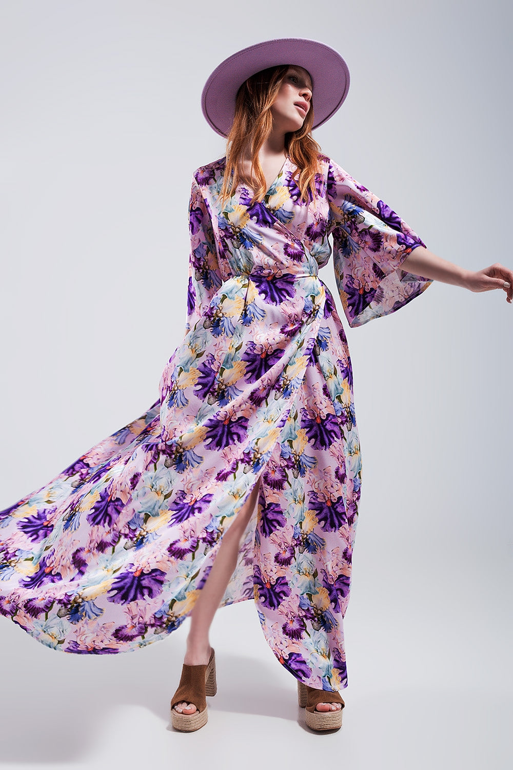 Flutter sleeve maxi dress in purple floral print - dress