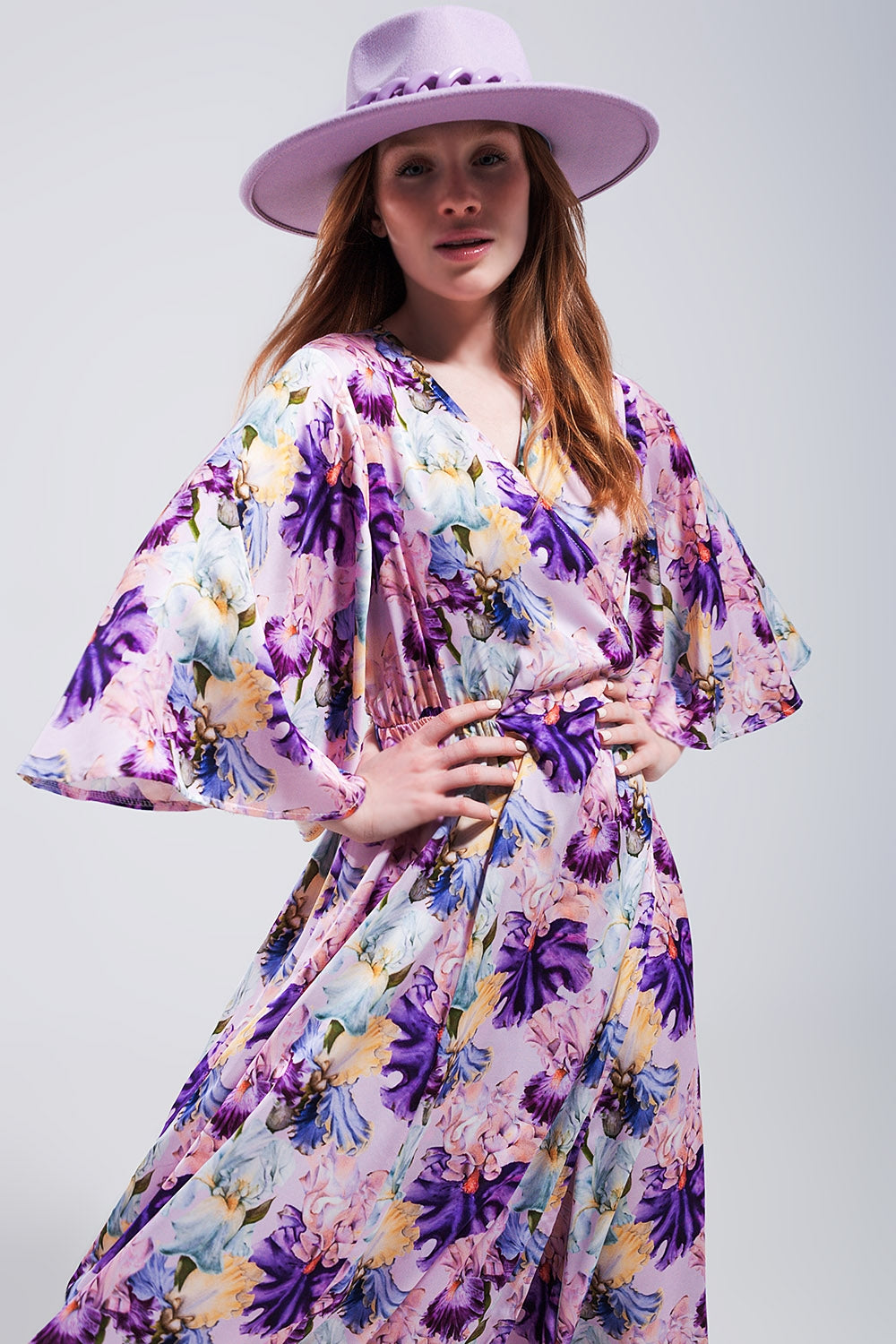 Flutter sleeve maxi dress in purple floral print - dress