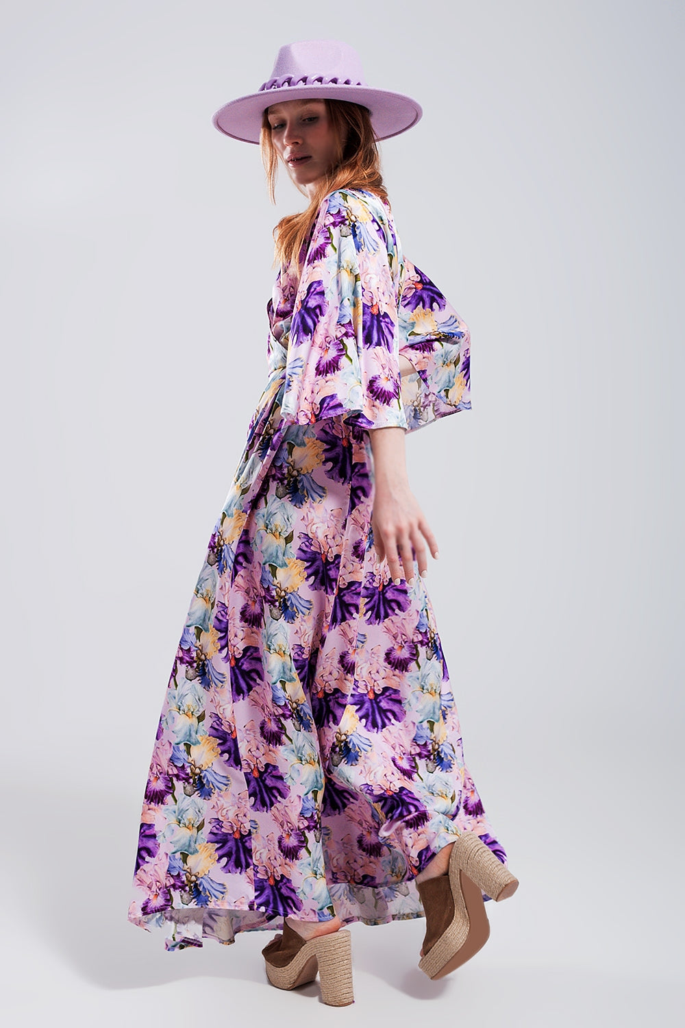 Flutter sleeve maxi dress in purple floral print - dress