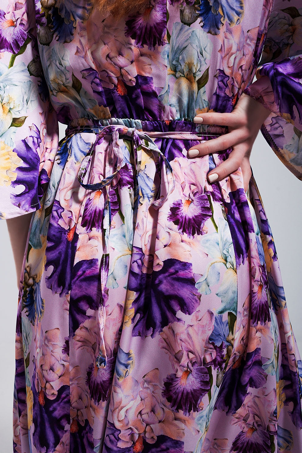 Flutter sleeve maxi dress in purple floral print - dress