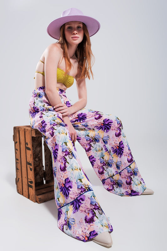 High waisted satin wide leg pants in purple floral - trousers