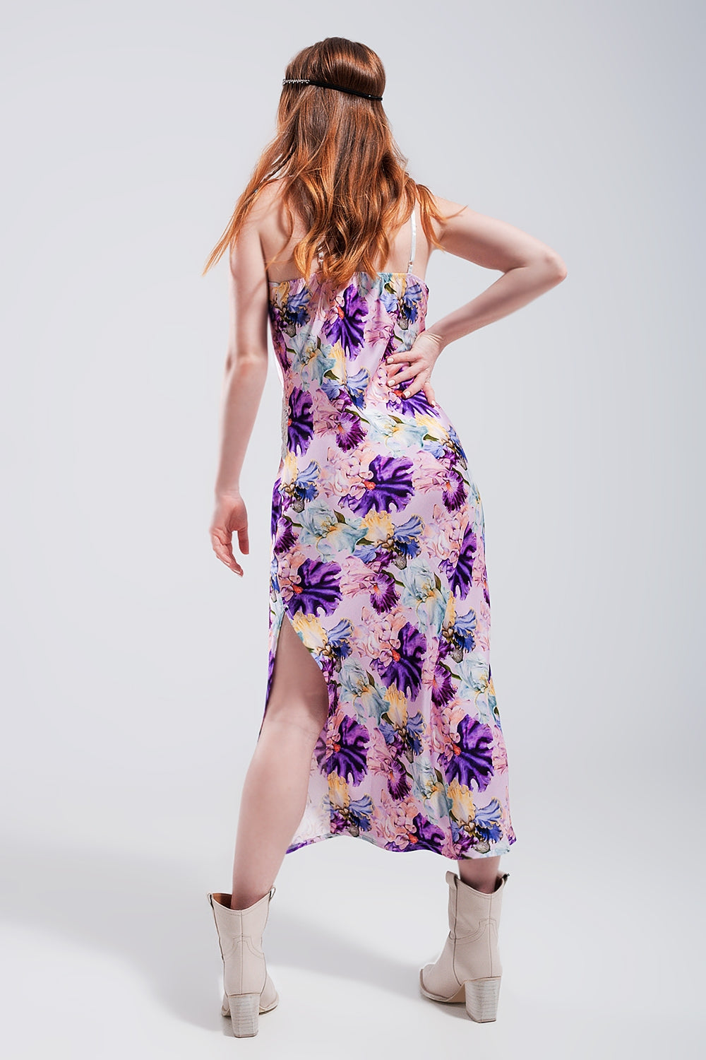 V back Satin midi dress in purple clashing floral print - dress