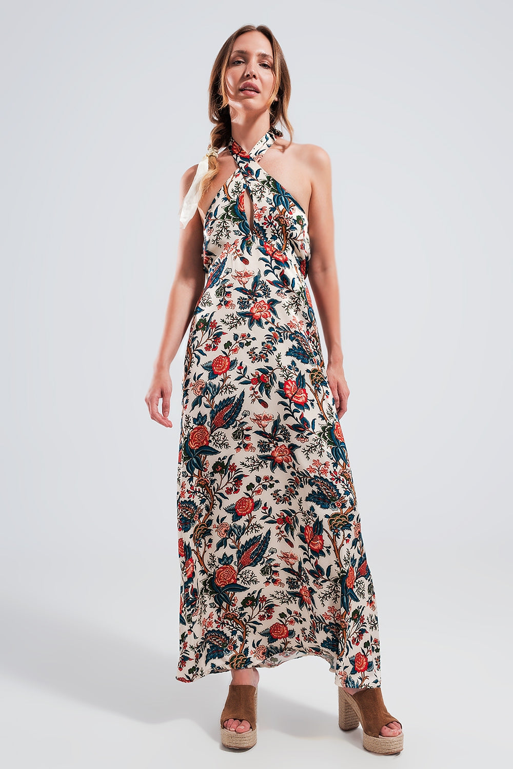 Robe longue dos nu à imprimé cachemire beige