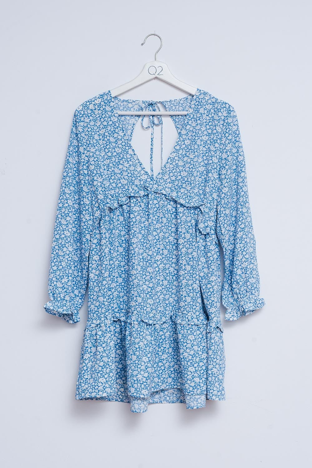 Open back mini tea dress in blue floral - dress