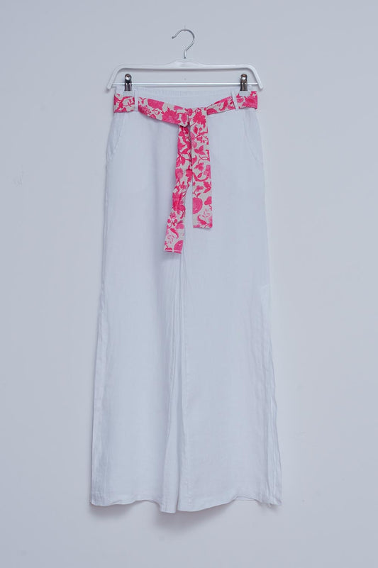 Linen Wide leg pants with side splits in white - trousers