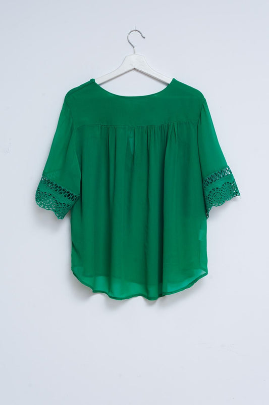 Broderie tie front blouse in green - Shirts