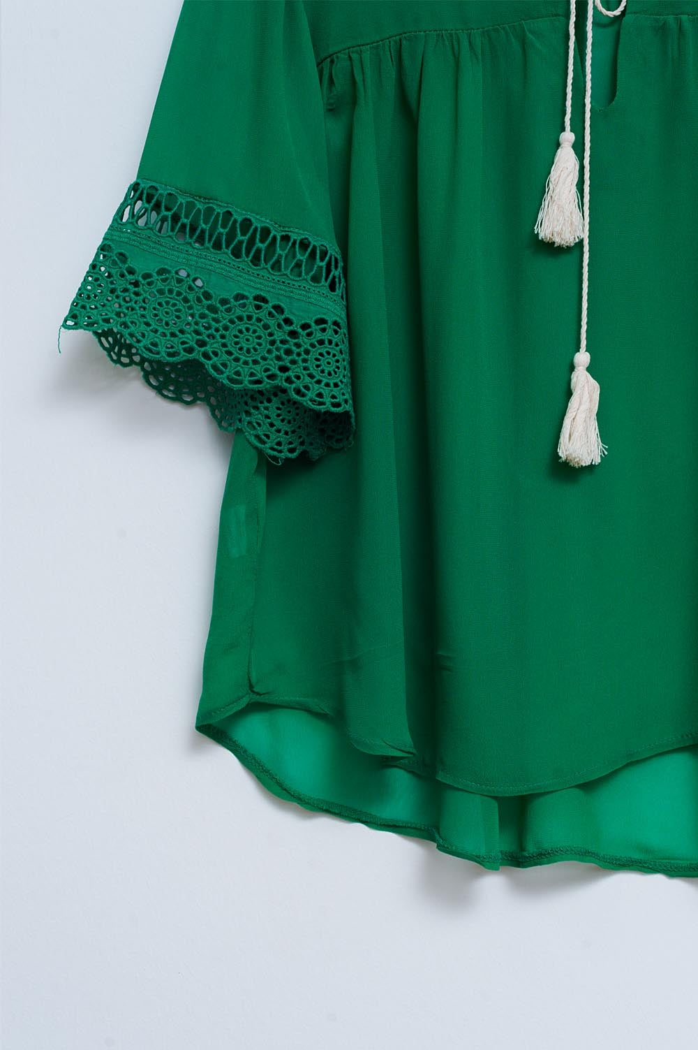Broderie tie front blouse in green - Shirts