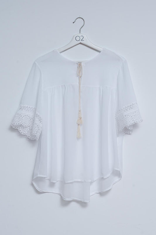 Broderie tie front blouse in white - Shirts