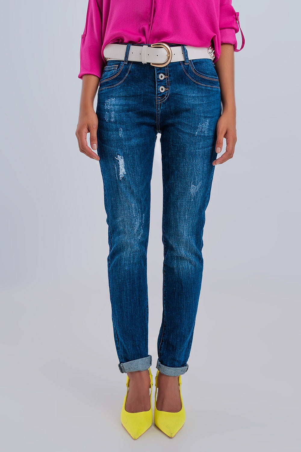 Exposed button ripped boyfriend jean in dark blue - Denim
