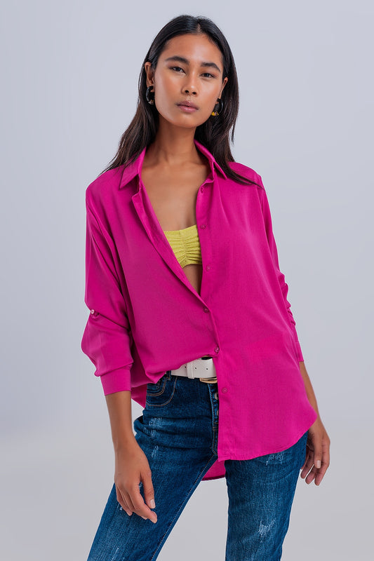 Relaxed satin long sleeve shirt in fuchsia - Shirts