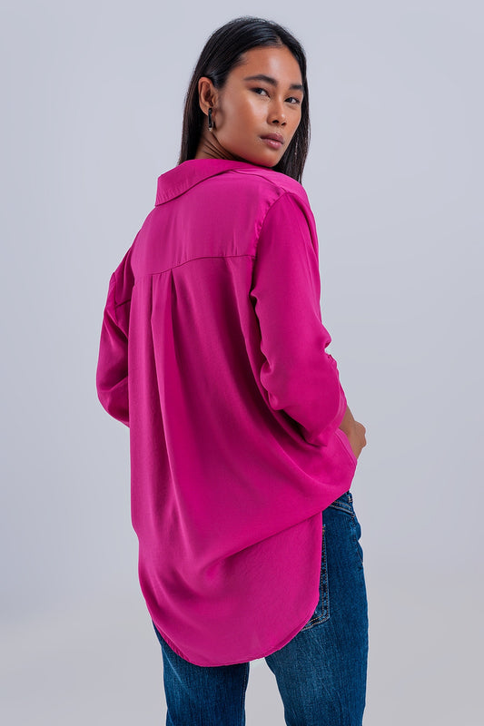 Relaxed satin long sleeve shirt in fuchsia - Shirts