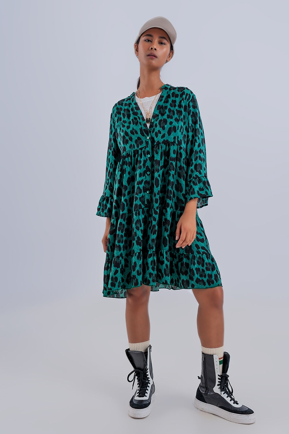 Tiered smock mini dress in green animal print - dress