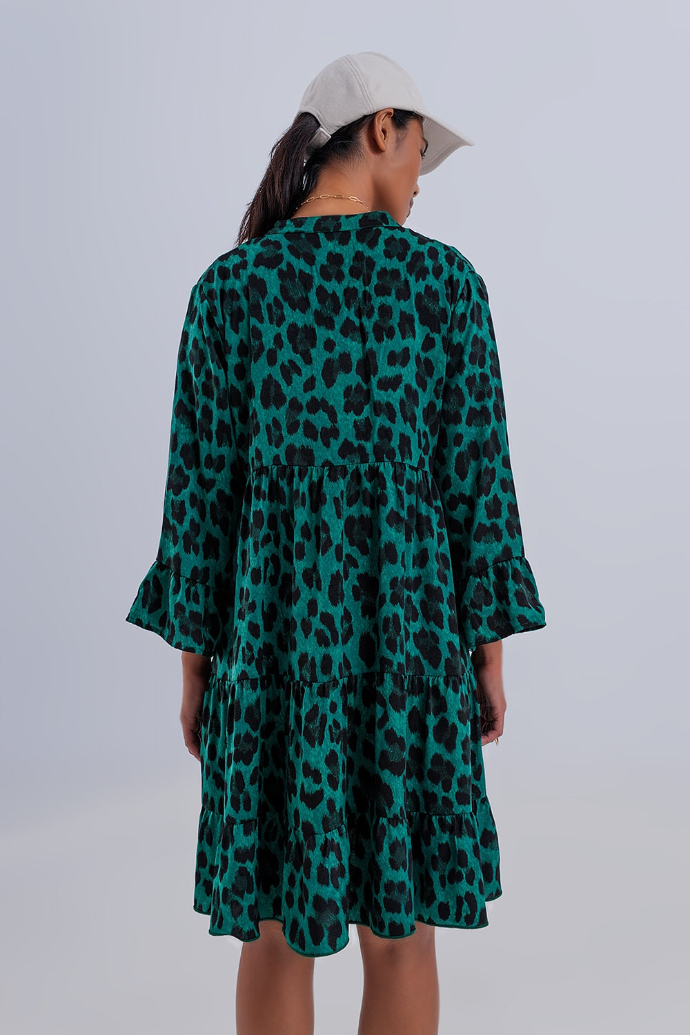 Tiered smock mini dress in green animal print - dress