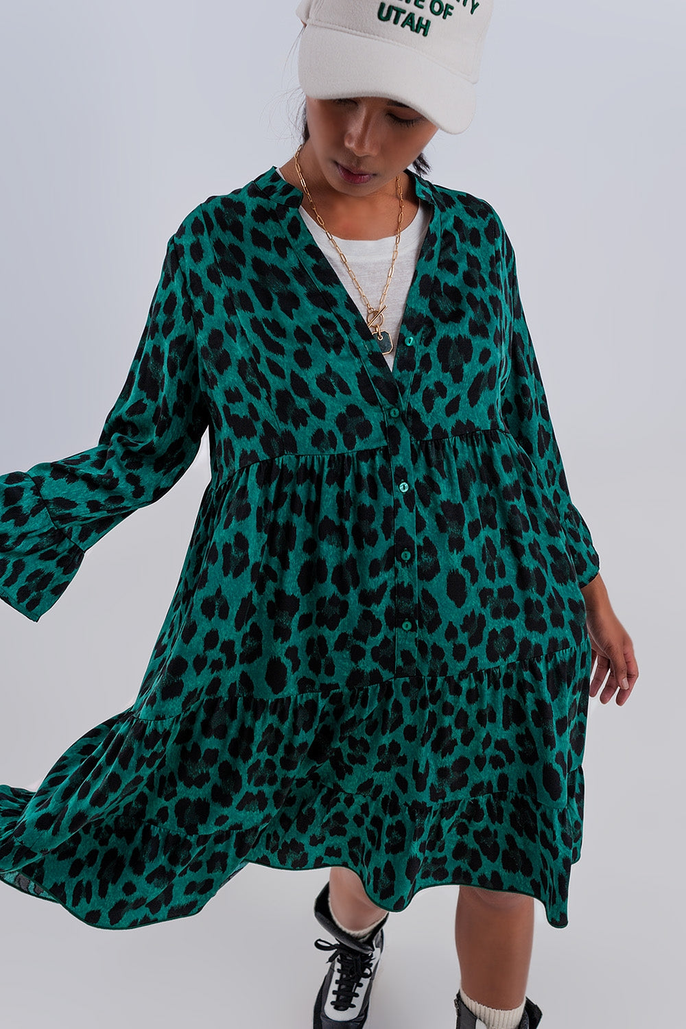 Tiered smock mini dress in green animal print - dress
