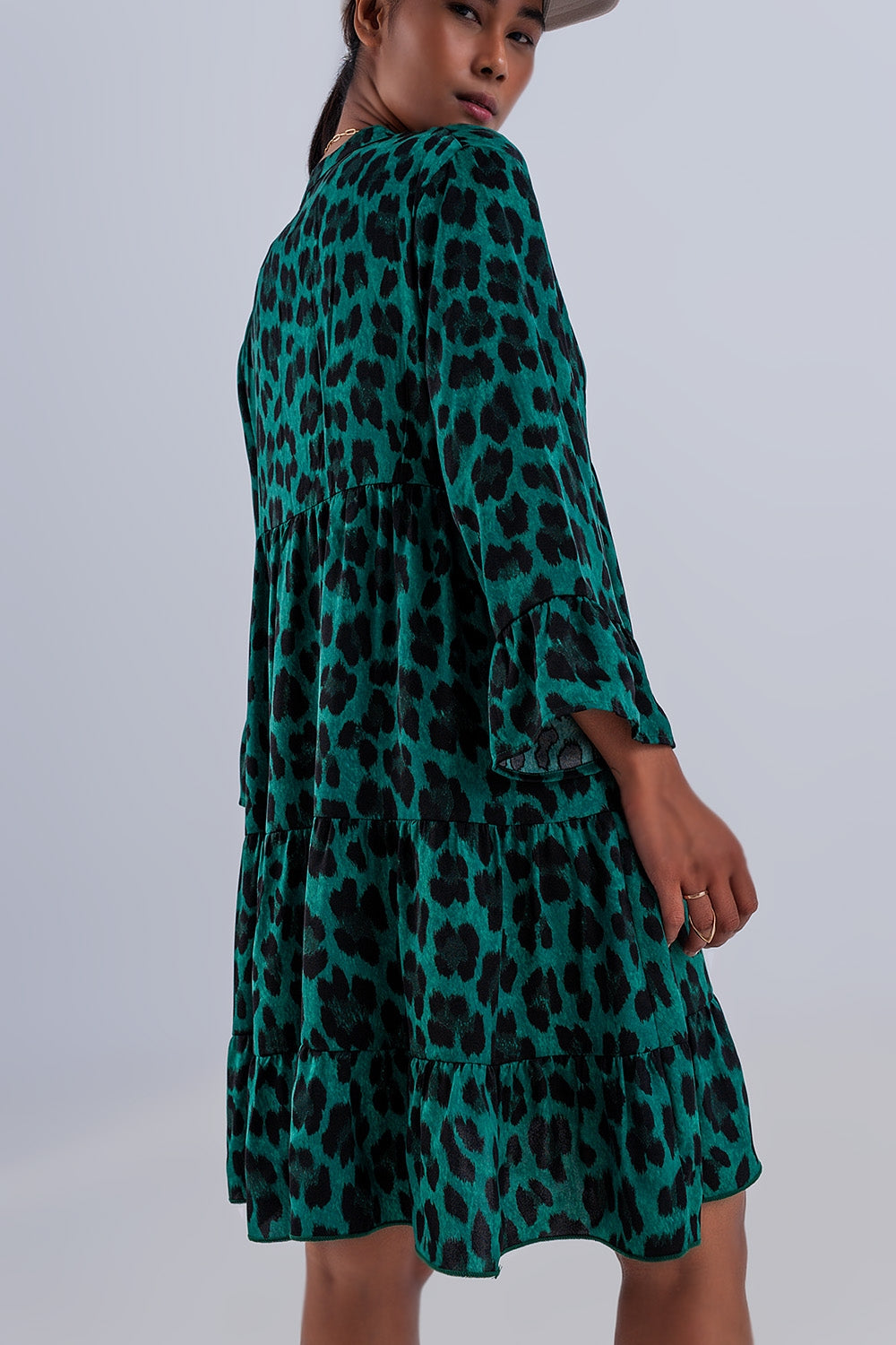 Tiered smock mini dress in green animal print - dress