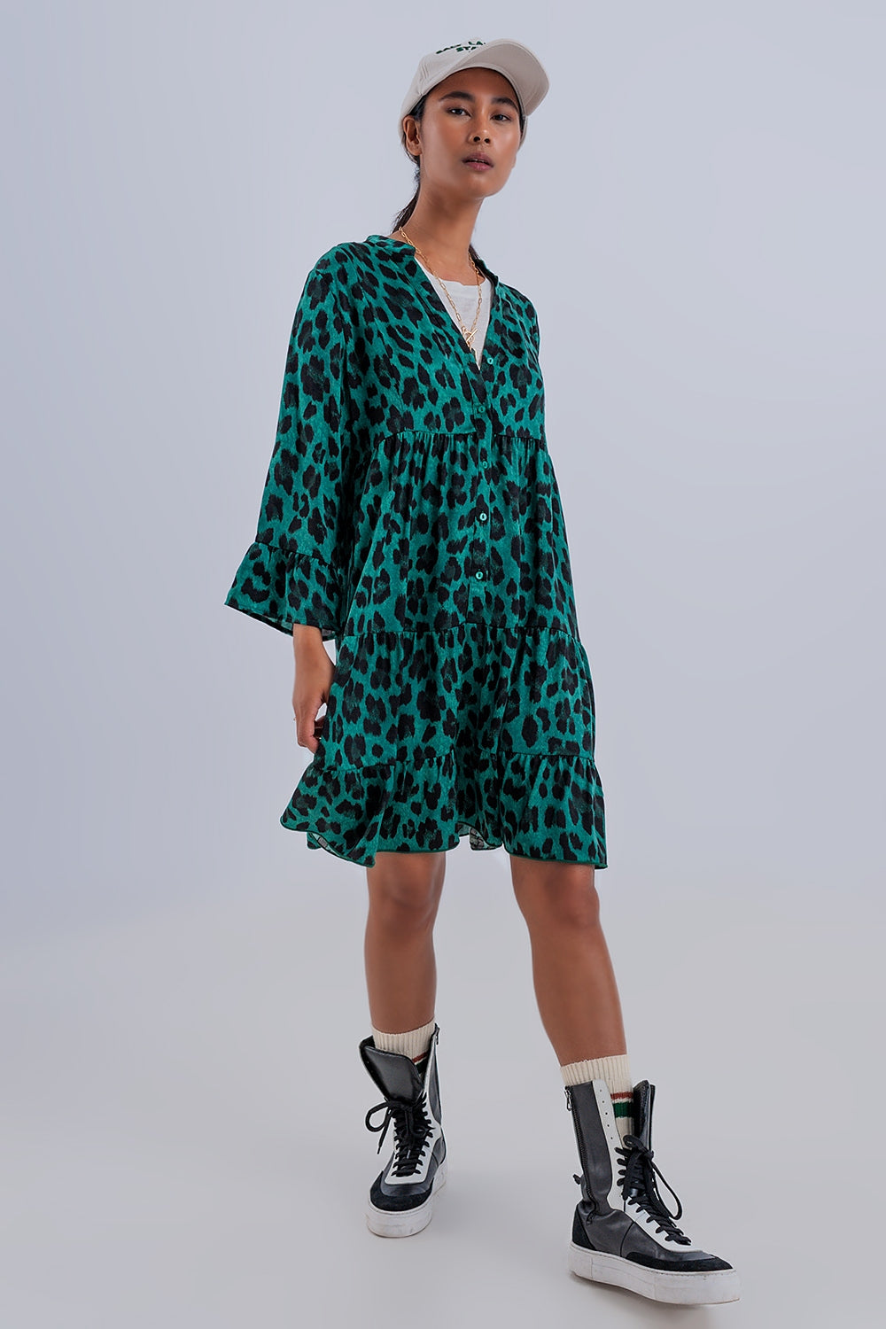 Tiered smock mini dress in green animal print - dress