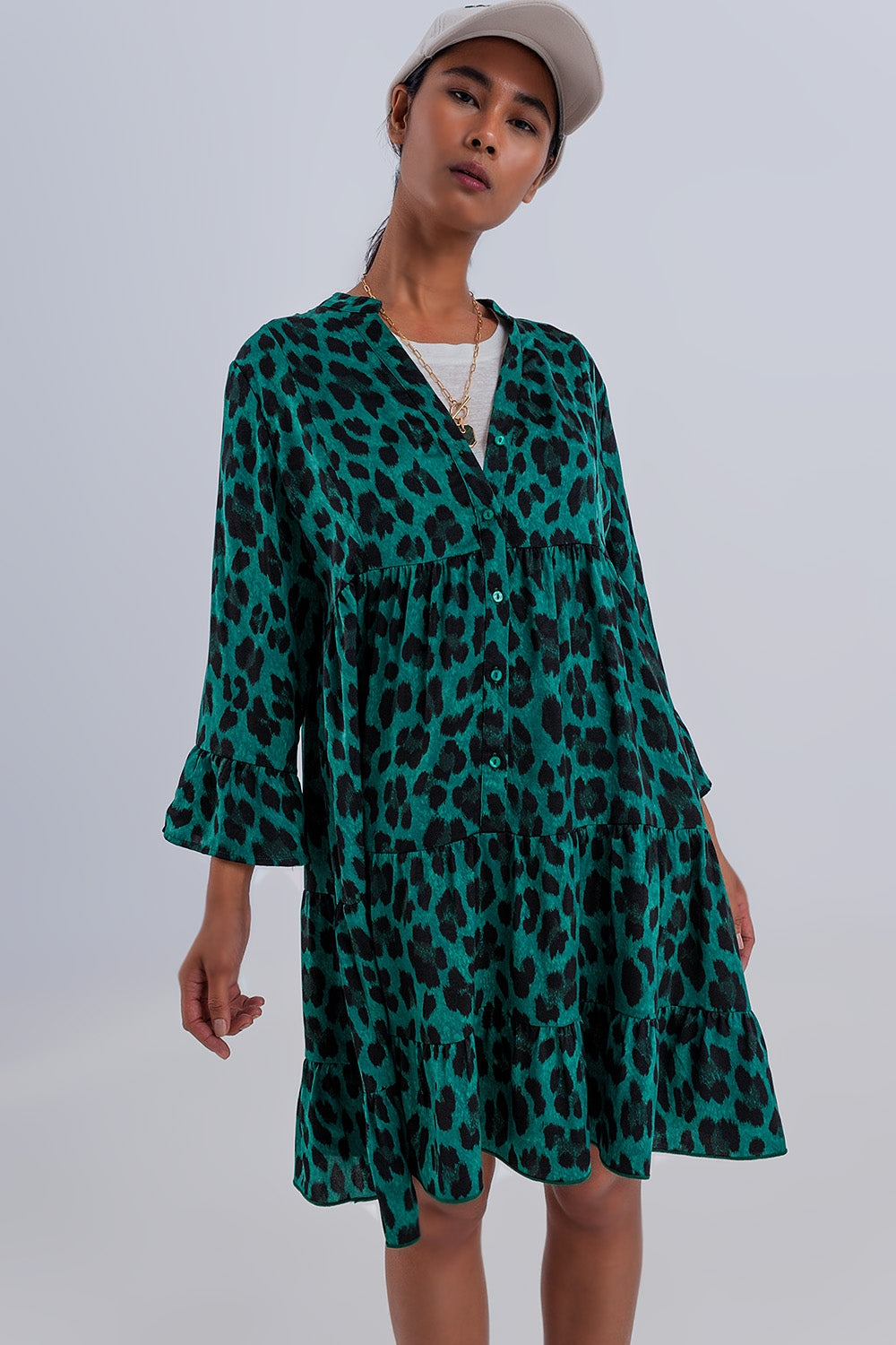 Tiered smock mini dress in green animal print - dress